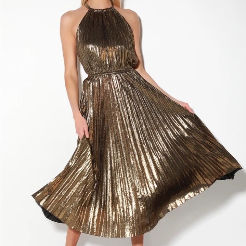Lulus Christina Gold Pleated Halter Midi Dress